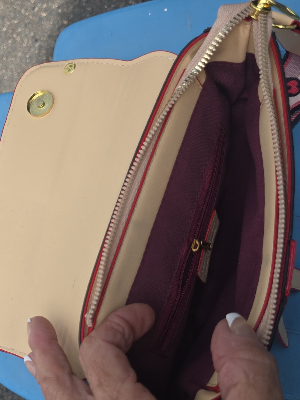 brown And Tan Crossbody With Gold Trim And Thick Strap 9 Inches Across. 6 Inches - Picture 2 of 4